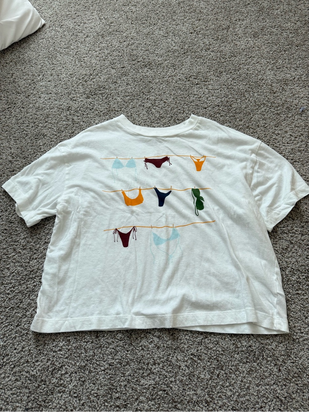 White Graphic Tee with Colorful Swimsuit Print